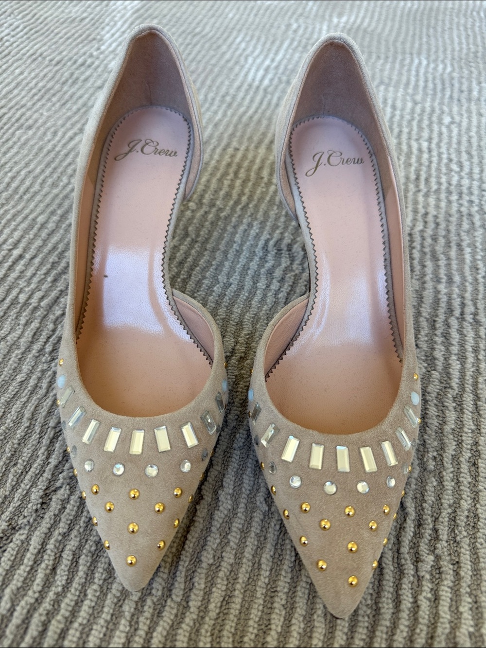 J. Crew Nude/Beige Suede Pointed-Toe Studded Pumps